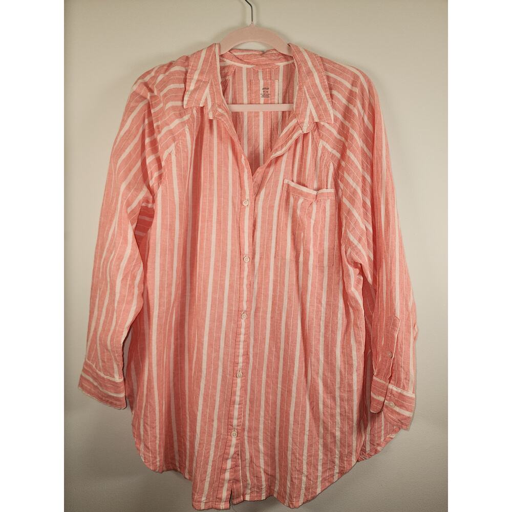 Aerie Linen Blend Stripe Button Down Shirt Pink M